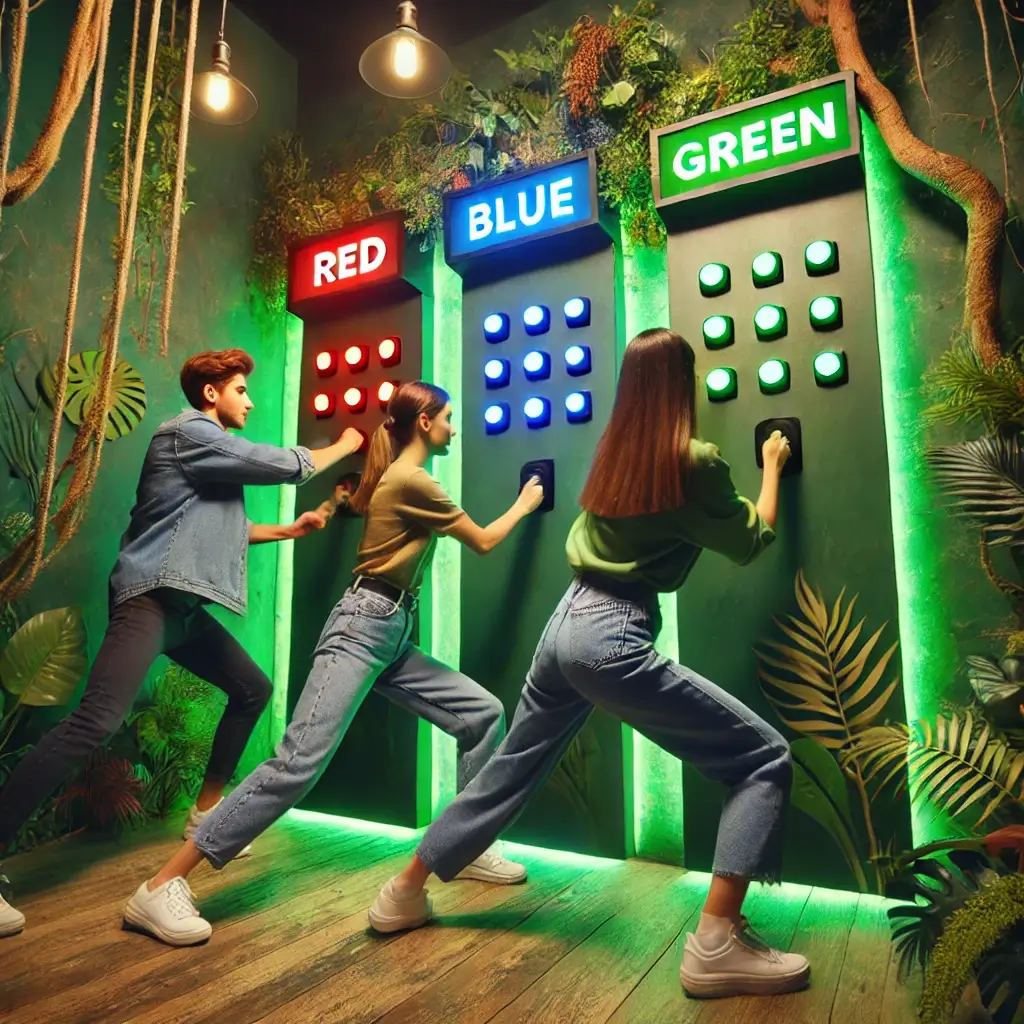 DALL·E 2025-07-15 12.42.39 - Three people in regular casual clothing participating in an action game inside a jungle-themed game room. The room is decorated with artificial jungle (1)