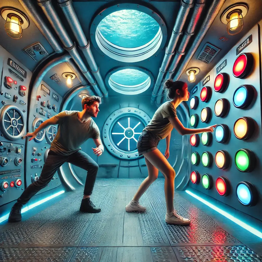 DALL·E 2025-07-15 12.47.09 - Two people in casual clothing playing a fast-paced reaction game in an indoor submarine-themed room. The room has immersive submarine decor including (1)